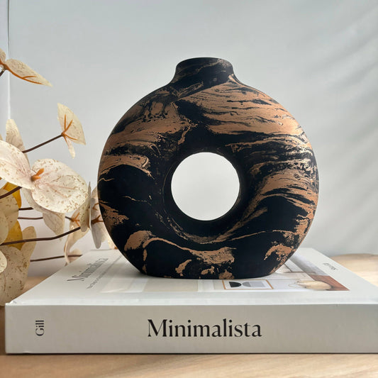 Donut Concrete Vase | Circular Hollow Vase: Black & Gold
